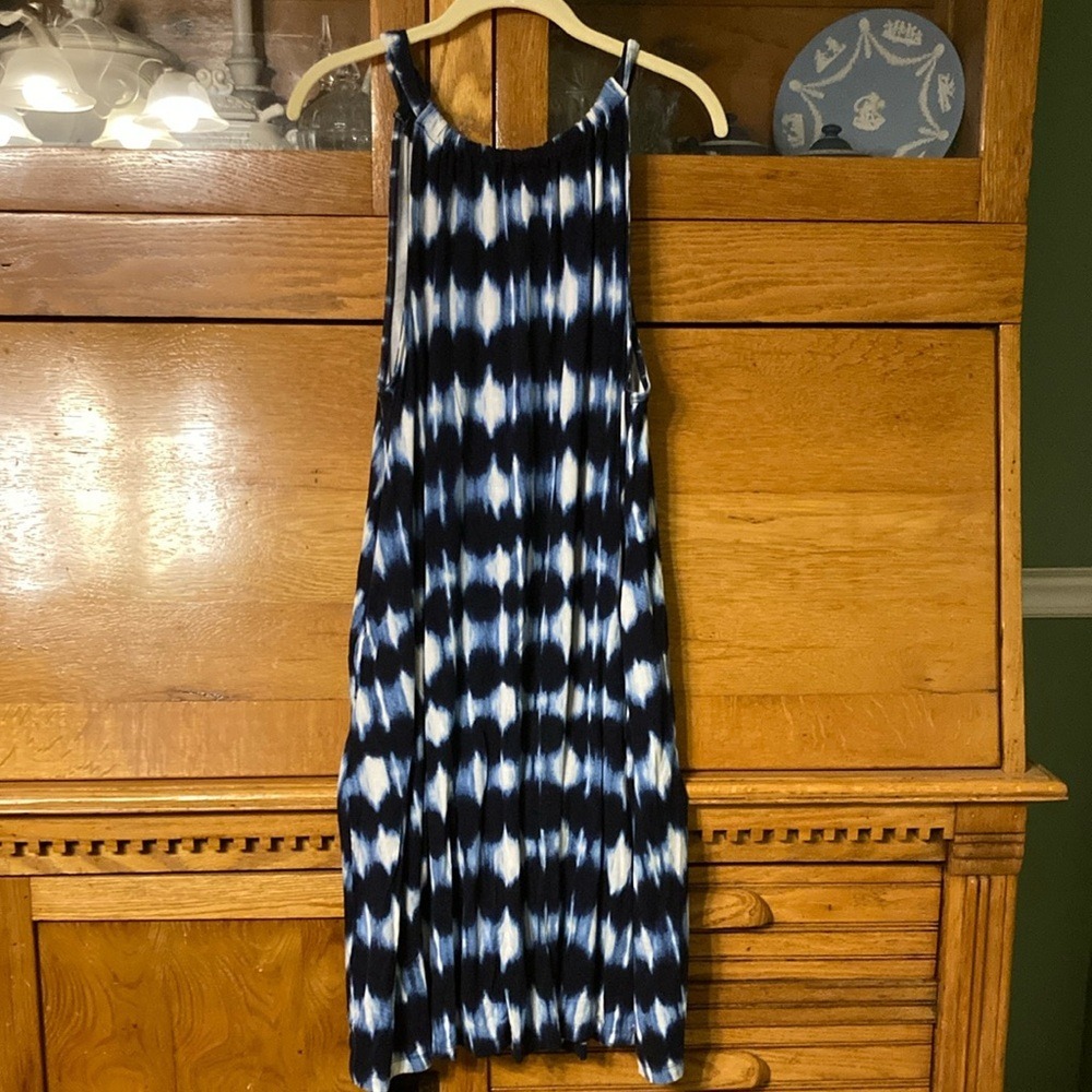 Time‎ and Tru Boho Chic Blue White Tie Dye Ikat Sleeveless Swing Halter Dress